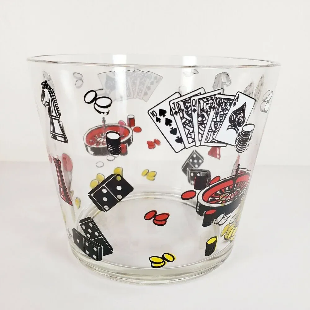 Vtg Clear Glass Ice Bucket Poker Chess Gambling Casino Theme Barware MCM
